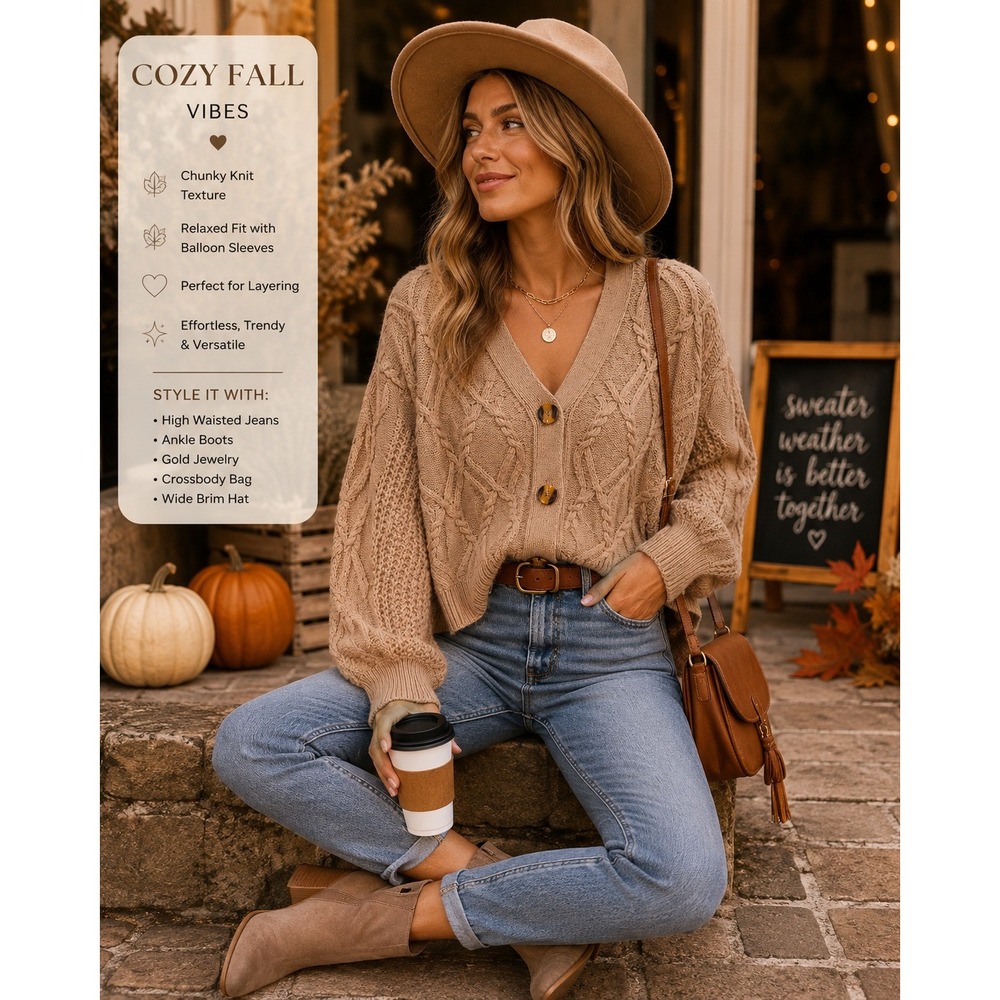 Cable Knit Cropped Cardigan Women Large 11-13 Balloon Sleeve Cozy Fall Preppy
